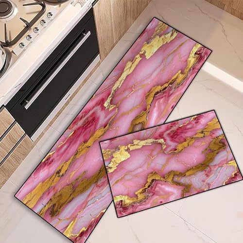 Cozzmats Kitchen Rugs Purple Marble: 2 Pieces Abstract Purple and Gold Kitchen Rug Sets Hallway Home Office, 20"x31.5"+ 20"x59" (Pink Gold,20"x31.5" + 20"x59") von Cozzmats