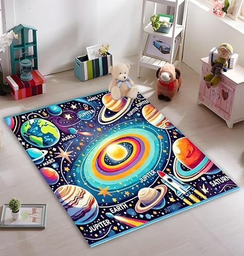 Educational Planet and Galaxy Design for Children's Room, Colorful Solar System Rug, Space Theme Kids Rug,Astronaut and Planet Rug, (FeltDotBase-CleanCut,40 * 60 cm // Mat Size) von Cozzmats