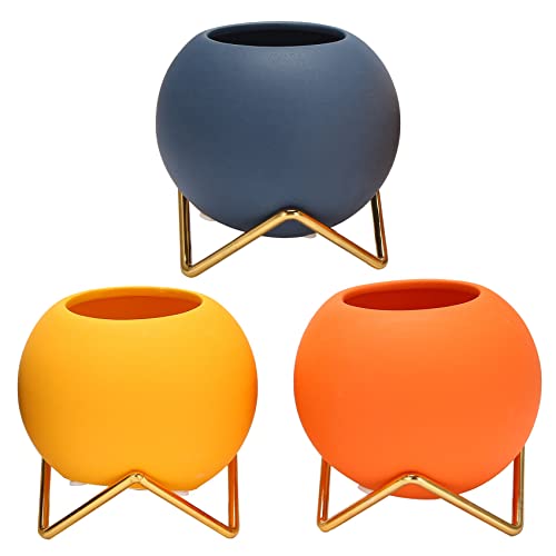 Cpolebev Kleine Blumen Vase Set Von 3, Moderne Keramik Vase für Wohnen Gelb Blau Orange Runde Vase für Kunst Blumen von Cpolebev