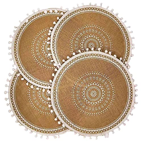Cpolebev Runde Tischsets Set mit 4, Boho Tischsets Aus Gewebte mit Pompon Quaste für das Esszimmer KüChen Tisch (WeißE) von Cpolebev