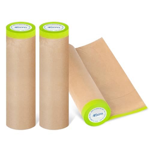 Cpolebev Vorgeklebtes Abdeckpapier zum Malen, 18 X 50 Fuß Farbabdeckpapier, Klebeband und Drapierpapier für Maler, (3 Rollen) Langlebig von Cpolebev