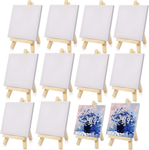 Cptoion 10 Stück Mini Leinwand mit Mini Staffelei, Tischstaffelei Holz Leinwands Ständer Set, 10 x 10 cm Leinwand mit 15 x 8.2 cm Mini Staffelei für Kinder Malen Geburtstag Party von Cptoion