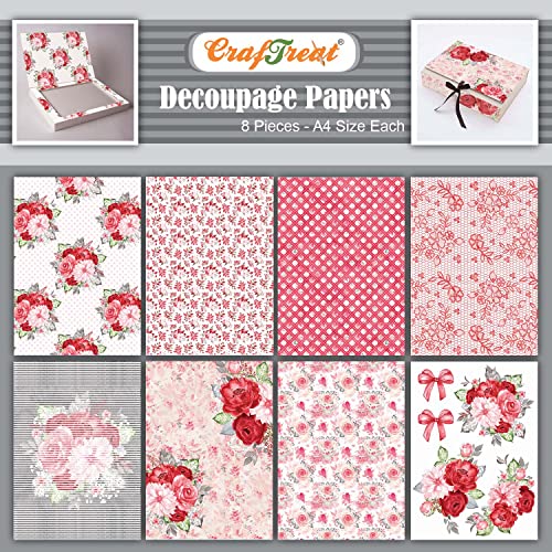 CrafTreat Decoupage Paper Red Flowers 8 Pack Bastelpapier Muster Set, Scrapbooking Papier, Motivpapier Frühling, Musterpapier, Bastelpapier Vintage, Designpapier Block von CrafTreat