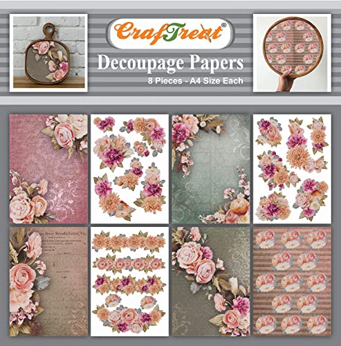 CrafTreat Decoupage-Papier mit Blumenmuster für Möbel, dekorative Blumen, Größe: A4 (21,6 x 29,9 cm), 8 Stück – Decoupage-Papier für Decoupage-Decoupage-Papier für Scrapbooking von CrafTreat