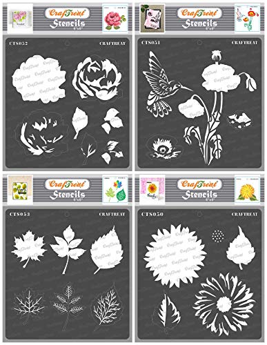CrafTreat Blätter und Blumen geschichtete Schablonen zum Basteln,wiederverwendbar,Vintage-Rosen-,Mohn-Sonnenblumen-und Blätter-Schablonen (4 Stück)-Größe:(15x15 cm)-Schichtschablonen von CrafTreat