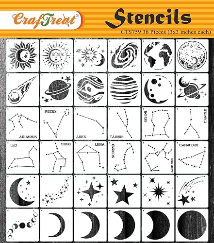 CrafTreat - Zodiac Sun Moon Stars (36 pcs) (3 x 3 inches) Schablonen zum Malen auf Holz, Wand, Fliesen, Leinwand, Papier, Stoff und Bodenschablone, wiederverwendbare DIY-Kunsthandwerksschablonen von CrafTreat