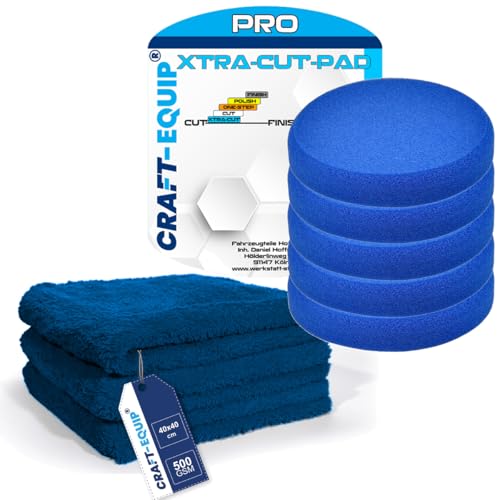 8er Sparpack Craft-Equip PRO RO Polierschwamm Polierpad mit Klettverschluss Made IN EU (8er Sparpack 150mm RO Polierschwamm Xtra-Cut BLAU + Microfasertücher) von Craft-Equip