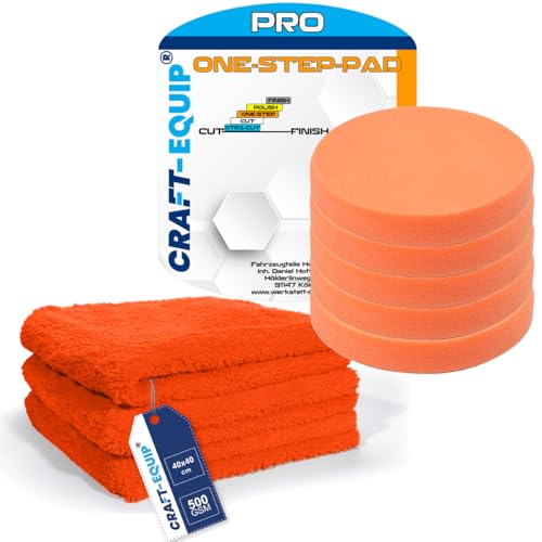 8er Sparpack Craft-Equip PRO RO Polierschwamm Polierpad mit Klettverschluss Made IN EU (8er Sparpack 80mm RO Polierschwamm ONE-Step ORANGE + Microfasertücher) von Craft-Equip