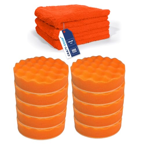 Craft-Equip Basic 13er Sparpack 150mm Polierschwämme orange gewaffelt + Craft-Equip orangene randlose Microfasertücher 40 x 40cm von Craft-Equip