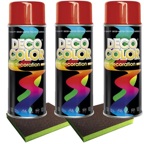 Craft-Equip Lackier-Set bestehend aus 3 Stück DC Lackspray nach RAL in 400ml und 2 Stück Schleifpads (3 Dosen in feuerrot Glanz RAL 3000 + 2 Stück Schleifschwamm) von Craft-Equip