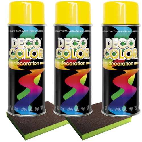 Craft-Equip Lackier-Set bestehend aus 3 Stück DC Lackspray nach RAL in 400ml und 2 Stück Schleifpads (3 Dosen in gelb glanz RAL 1023 + 2 Stück Schleifschwamm) von Craft-Equip