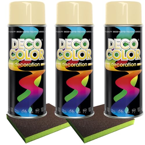 Craft-Equip Lackier-Set bestehend aus 3 Stück DC Lackspray nach RAL in 400ml und 2 Stück Schleifpads (3 Dosen in hellelfenbein glanz RAL 1015 + 2 Stück Schleifschwamm) von Craft-Equip