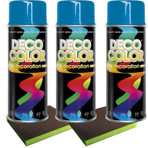 Craft-Equip Lackier-Set bestehend aus 3 Stück DC Lackspray nach RAL in 400ml und 2 Stück Schleifpads (3 Dosen in himmelblau glanz RAL 5015 + 2 Stück Schleifschwamm) von Craft-Equip