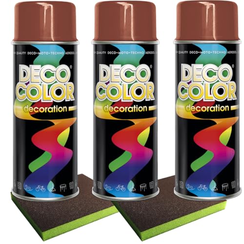 Craft-Equip Lackier-Set bestehend aus 3 Stück DC Lackspray nach RAL in 400ml und 2 Stück Schleifpads (3 Dosen in kupferbraun glanz RAL 8004 + 2 Stück Schleifschwamm) von Craft-Equip