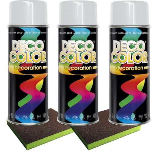 Craft-Equip Lackier-Set bestehend aus 3 Stück DC Lackspray nach RAL in 400ml und 2 Stück Schleifpads (3 Dosen in lichtgrau glanz RAL 7035 + 2 Stück Schleifschwamm) von Craft-Equip