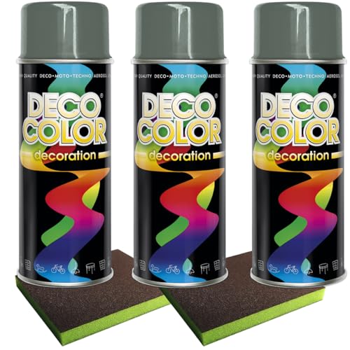 Craft-Equip Lackier-Set bestehend aus 3 Stück DC Lackspray nach RAL in 400ml und 2 Stück Schleifpads (3 Dosen in mausgrau glanz RAL 7005 + 2 Stück Schleifschwamm) von Craft-Equip