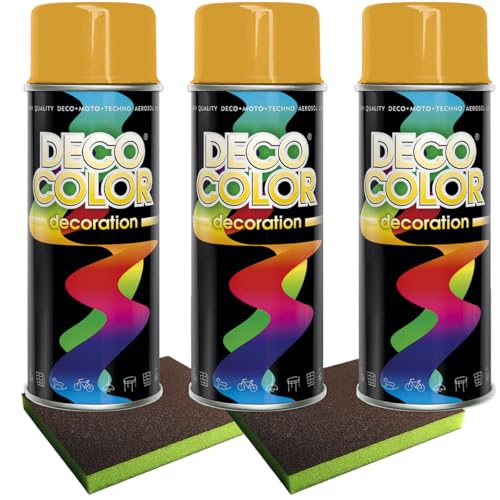 Craft-Equip Lackier-Set bestehend aus 3 Stück DC Lackspray nach RAL in 400ml und 2 Stück Schleifpads (3 Dosen in melonengelb glanz RAL 1028 + 2 Stück Schleifschwamm) von Craft-Equip
