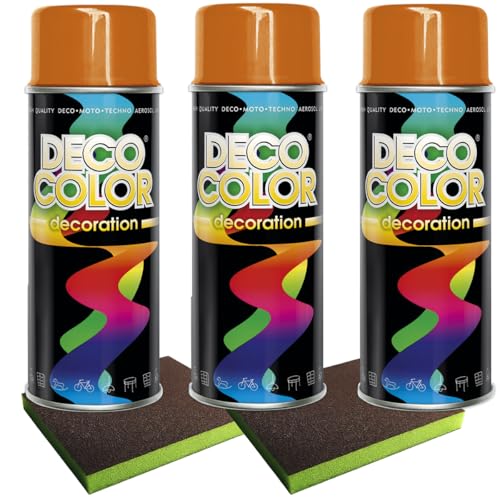 Craft-Equip Lackier-Set bestehend aus 3 Stück DC Lackspray nach RAL in 400ml und 2 Stück Schleifpads (3 Dosen in orange glanz RAL 2004 + 2 Stück Schleifschwamm) von Craft-Equip