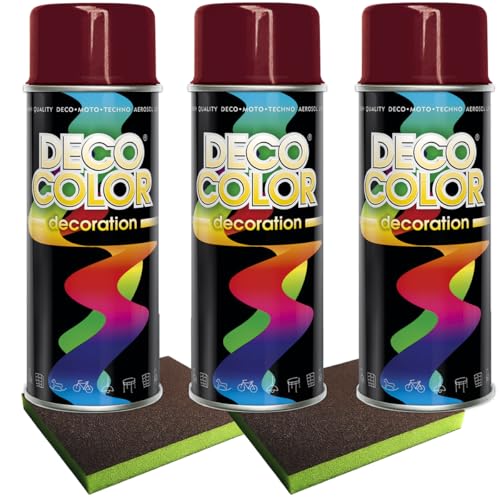 Craft-Equip Lackier-Set bestehend aus 3 Stück DC Lackspray nach RAL in 400ml und 2 Stück Schleifpads (3 Dosen in purpurrot glanz RAL 3004 + 2 Stück Schleifschwamm) von Craft-Equip