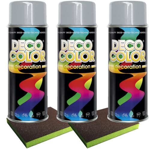 Craft-Equip Lackier-Set bestehend aus 3 Stück DC Lackspray nach RAL in 400ml und 2 Stück Schleifpads (3 Dosen in silbergrau glanz RAL 7001 + 2 Stück Schleifschwamm) von Craft-Equip