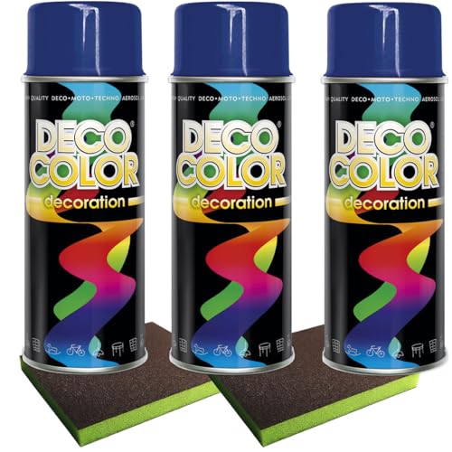 Craft-Equip Lackier-Set bestehend aus 3 Stück DC Lackspray nach RAL in 400ml und 2 Stück Schleifpads (3 Dosen in ultramarinblau glanz RAL 5002 + 2 Stück Schleifschwamm) von Craft-Equip