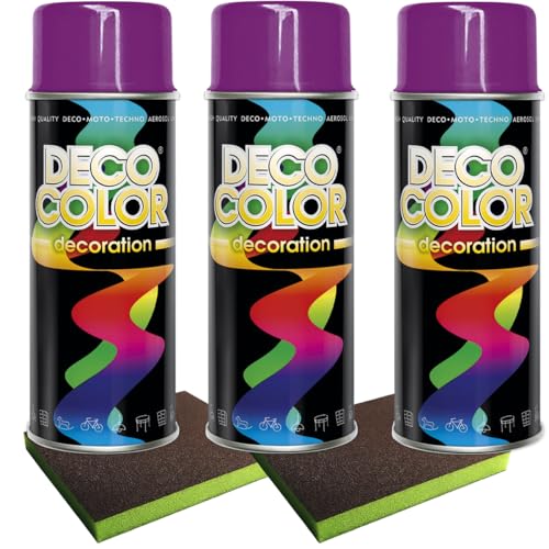 Craft-Equip DC 3er Sparpack Lackspray nach RAL in 400ml zur Lackierung von Auto Stahl Aluminium Beton Holz und 2 Stück Schleifpads (3 Dosen in verkehrspurpur glanz RAL 4006 + 2 Stück Schleifschwamm) von Craft-Equip