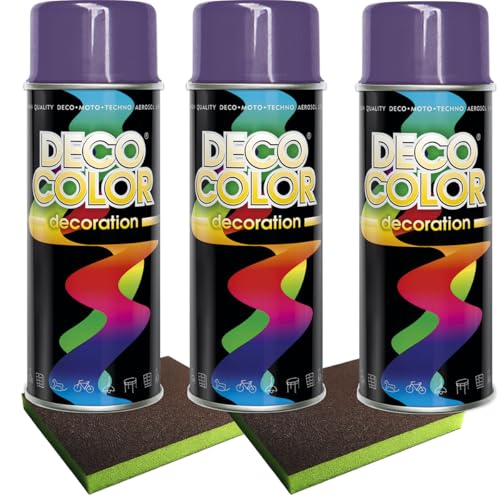 Craft-Equip Lackier-Set bestehend aus 3 Stück DC Lackspray nach RAL in 400ml und 2 Stück Schleifpads (3 Dosen in violett glanz RAL 4005 + 2 Stück Schleifschwamm) von Craft-Equip
