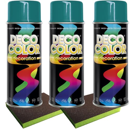 Craft-Equip Lackier-Set bestehend aus 3 Stück DC Lackspray nach RAL in 400ml und 2 Stück Schleifpads (3 Dosen in wasserblau glanz RAL 5021 + 2 Stück Schleifschwamm) von Craft-Equip
