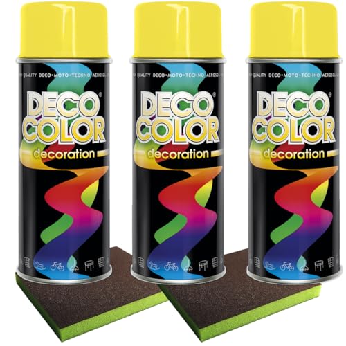 Craft-Equip DC 3er Sparpack Lackspray nach RAL in 400ml zur Lackierung von Auto Stahl Aluminium Beton Holz und 2 Stück Schleifpads (3 Dosen in zinkgelb glanz RAL 1018 + 2 Stück Schleifschwamm) von Craft-Equip