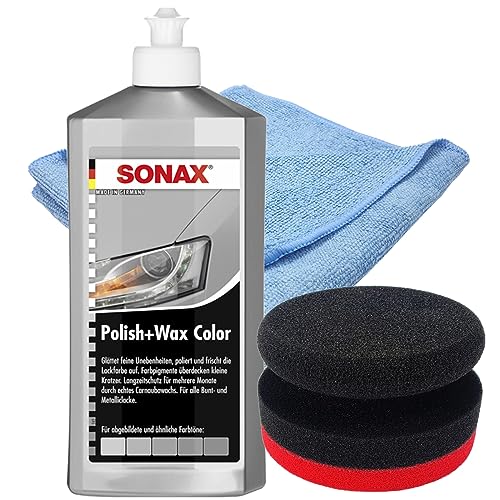 Craft-Equip Politur-Set bestehend aus einer SONAX 500ml Polish+Wax Color SILBER + Craft-Equip Ø90mm Polierpuck ROT + Craft-Equip Microfasertuch BLAU von Craft-Equip