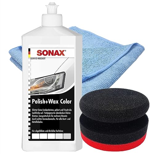 Craft-Equip Politur-Set bestehend aus einer SONAX 500ml Polish+Wax Color WEISS + Craft-Equip Ø90mm Polierpuck ROT + Craft-Equip Microfasertuch BLAU von Craft-Equip