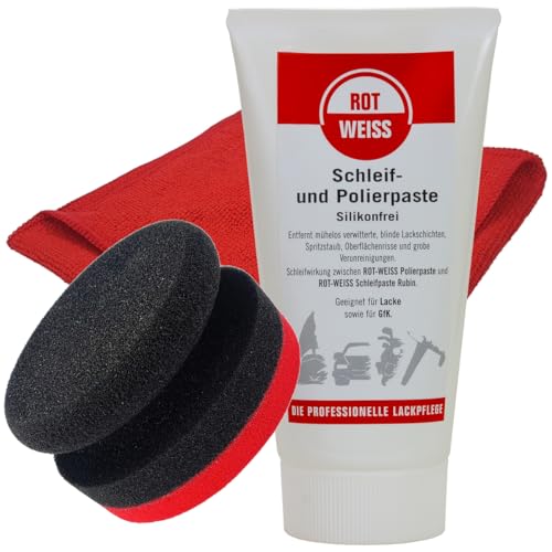 Craft-Equip Politurset bestehend aus Rotweiss Schleif- und Polierpaste 150ml + Handpolierschwamm + Microfasertuch von Craft-Equip