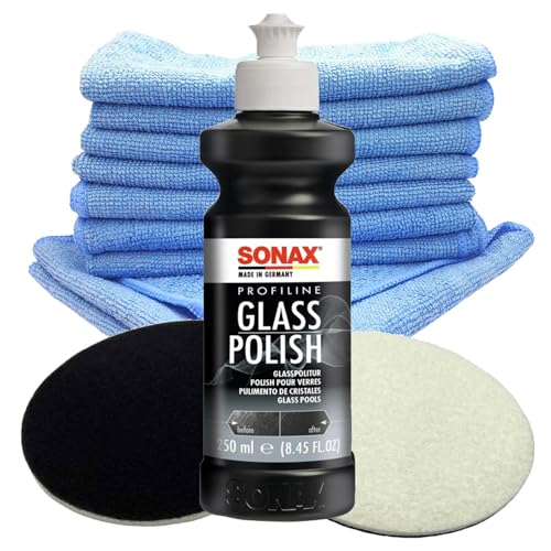 Glaspoliturset bestehend aus einer SONAX 250ml Glass Polish + 2 Stück Flexipads Ø75mm Glas-Polierpads + 20 Stück Craft-Equip Microfasertücher BLAU von Craft-Equip