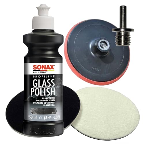 Glaspoliturset bestehend aus einer SONAX 250ml Glass Polish + 2 Stück Flexipads Ø135mm Glas-Polierpads + Craft-Equip Ø125mm Stützteller + Adapter 6mm auf M14 von Craft-Equip