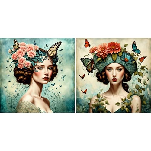 Reispapier für Damen und Schmetterlinge, 29 x 29 cm (2 Stück) – 2 x surreale Frauen für Möbel, Poster, Basteln, Decoupage von CRAFT KREATIVELY von Craft Kreatively