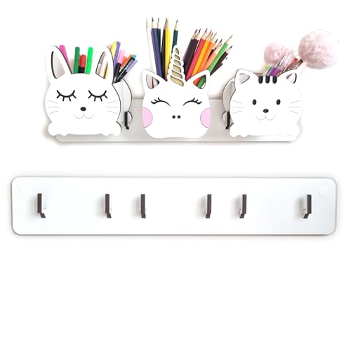 Wandgarderobe für 3 Schreibtisch-Utensilien, kompatibel mit kleinen Utensilien: Kätzchen, Hund, Reh, Bär, Ball, Einhorn, Eule, Hase - 45x8x3 cm von Craft Maestro