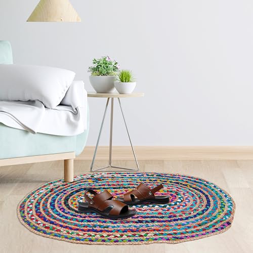 Craft Trade Bunt Waschbarer Boho Jute Teppich Reversibel Geflochten Handgewebt Oval Flickenteppich für Küche Wohnzimmer und Schlafzimmer- 60x90 cm von Craft Trade
