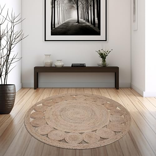 Craft Trade Handgewebt Natur Boho Jute Teppich Reversibel Blume Geflochten Waschbarer Rund Juteteppich für Küche Wohnzimmer und Schlafzimmer- 120 cm von Craft Trade