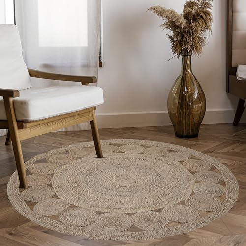 Craft Trade Handgewebt Natur Boho Jute Teppich Reversibel Blume Geflochten Waschbarer Rund Juteteppich für Küche Wohnzimmer und Schlafzimmer-150 cm von Craft Trade