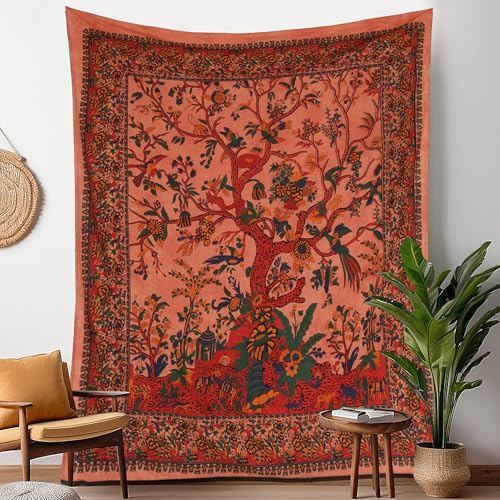Craft Trade Orange Baum Wandteppich Indische Wandtuch Tapestry Wandbehang Boho Wandteppiche für Heimdeko Wohnzimmer und Schlafzimmer - 76 x 102 cm von Craft Trade