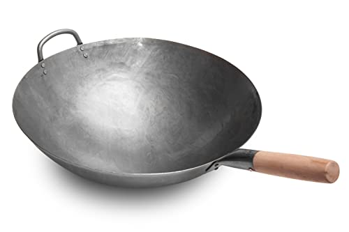 Craft Wok Großer, schwerer, handgefertigter Pow-Wok aus Carbonstahl mit Holz- und Stahlgriff, 40 cm (Rundboden) / 731W138 von Craft Wok