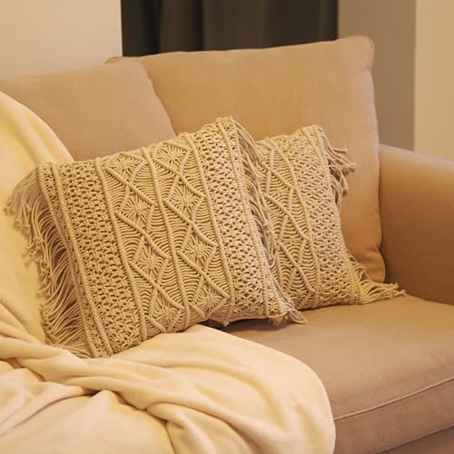 Craft&Style "Bospurus 2er Set Makramee Kissenbezüge Kissenhüllen für Dekokissen Sofakissen Couchkissen aus 100% Baumwolle beige mit verdecktem Reißverschluss auf Rückseite 40x40cm Boho Deko von Craft&Style