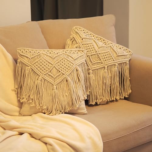 Craft&Style "Ganges 2er Set Makramee Kissenbezüge Kissenhüllen für Dekokissen Sofakissen Couchkissen aus 100% Baumwolle beige mit verdecktem Reißverschluss auf Rückseite 40x40cm Boho Deko von Craft&Style