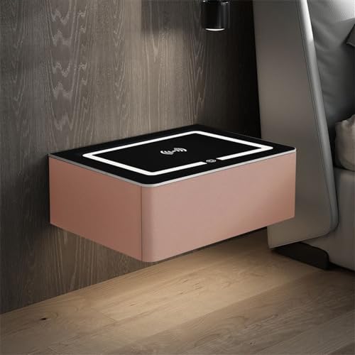 CraftNestUK Nachttisch, intelligenter Nachttisch mit kabellosem Aufladen, Holz-Nachttisch mit verstellbarem LED-Licht, Tischplatte aus gehärtetem Glas und Schubladen (Rosa, 39 x 39 x 18 cm) von CraftNestUK