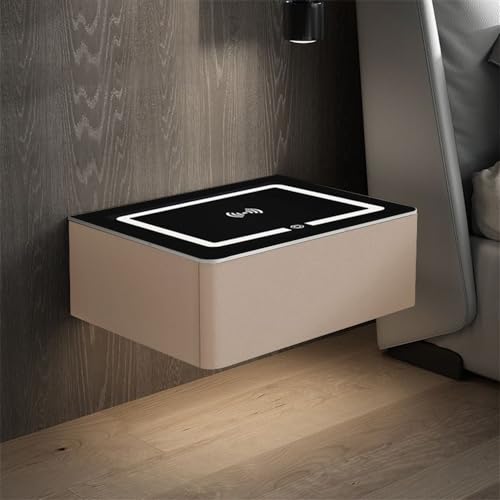 CraftNestUK Nachttisch, intelligenter Nachttisch mit kabellosem Laden, Nachttisch aus Holz mit verstellbarem LED-Licht, Tischplatte aus gehärtetem Glas und Schubladen (Khaki, 39 x 39 x 18 cm) von CraftNestUK