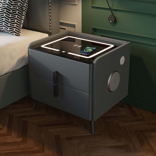 Smart-Nachttisch mit Fingerabdruck-Schloss, mit Lautsprecher, kabellose Ladestation und LED-Leuchten, mit USB- und Typ-C-Anschlüssen und 2 Schubladen, Dunkelgrau, 40 x 40 x 46 cm von CraftNestUK