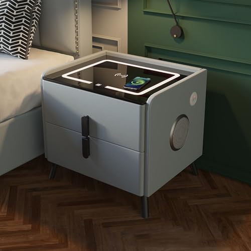 Smart-Nachttisch mit Fingerabdruck-Schloss, mit Lautsprecher, kabellose Ladestation und LED-Lichter, mit USB- und Typ-C-Anschlüssen und 2 Schubladen, Hellgrau, 45 x 40 x 46 cm von CraftNestUK