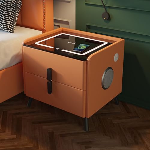 Smart-Nachttisch mit Fingerabdruck-Schloss, mit Lautsprecher, kabellose Ladestation und LED-Lichter, mit USB- und Typ-C-Anschlüssen und 2 Schubladen, Orange 45 x 40 x 46 cm von CraftNestUK