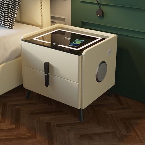Smart-Nachttisch mit Fingerabdruck-Schloss, mit Lautsprecher, kabellose Ladestation und LED-Lichter, mit USB- und Typ-C-Anschlüssen und 2 Schubladen, gebrochenes Weiß, 45 x 40 x 46 cm von CraftNestUK