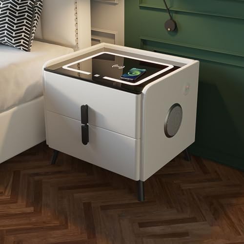 Smart-Nachttisch mit Fingerabdruck-Schloss, mit Lautsprecher, kabellose Ladestation und LED-Lichter, mit USB- und Typ-C-Anschlüssen und 2 Schubladen (weiß, 40 x 40 x 46) von CraftNestUK